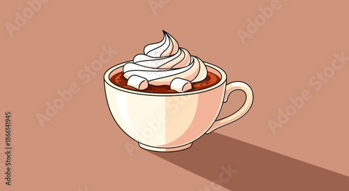 Cozy cup of hot chocolate with whipped cream and marshmallows