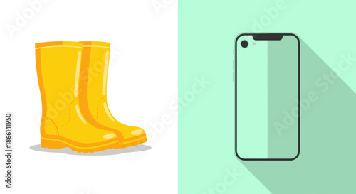 Yellow rubber boots and a smartphone depicted in a flat design style.