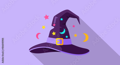 Cartoon witch hat with stars and moon on purple background