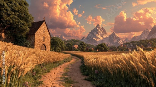 Serene countryside landscape with old stone house and mountains.