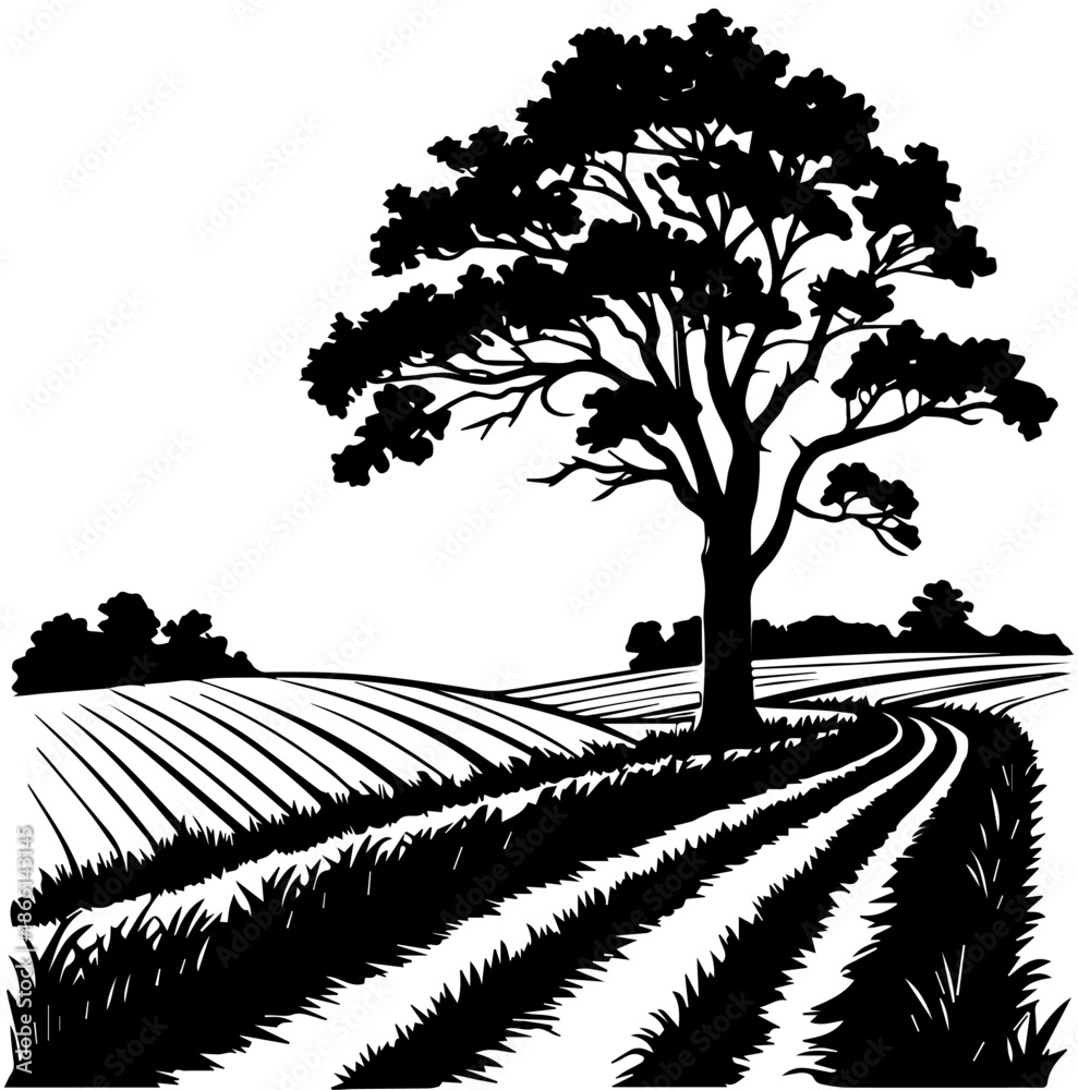 Fototapeta premium Country Road and Tree Silhouette – Rural Landscape Black Vector Illustration