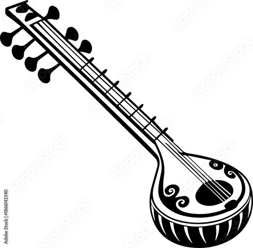 Sitar Silhouette – Traditional String Musical Instrument Black Vector