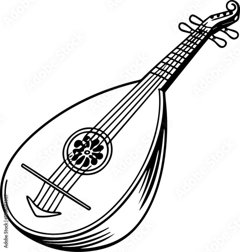 Oud Lute Silhouette – Traditional String Musical Instrument Black Vector