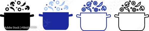 Icon design featuring various cooking pots with colorful contents representing culinary creativity in a simple modern style