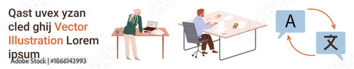 Business communication, workplace collaboration, language translation, teamwork, office productivity, professional management. Office workers at desks and translation icons. Business communication