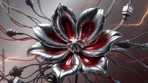 abstract futuristic flower with metallic petals and neon glow for technology motion design