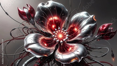 abstract fractal background, futuristic metallic flower rotating with glowing core and cables for sci fi video backgrounds