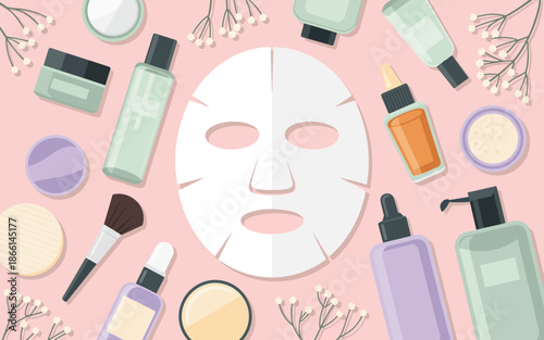 A serene skincare routine setup featuring a facial mask and various beauty products on a soft pink background.