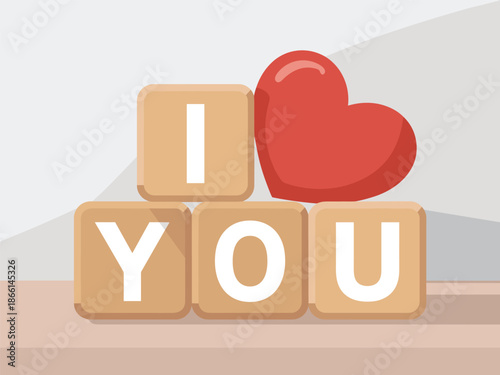 Wooden blocks with letters forming the phrase 'I love you' with a red heart on a table
