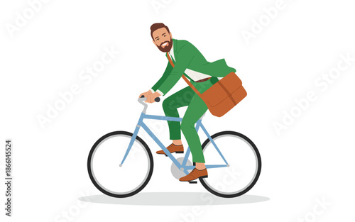 Man riding a bicycle with a bag on a white background