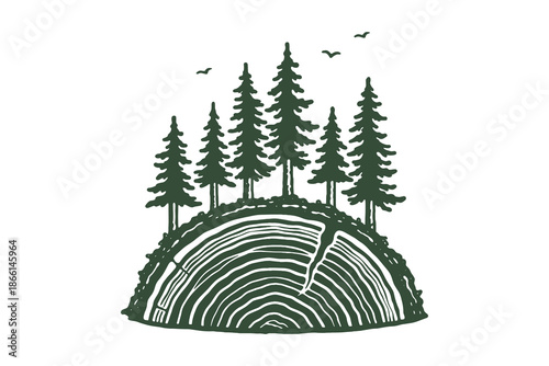 Pine forest on tree rings woodcut icon vector illustration