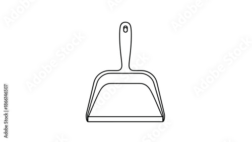 Minimalist black and white line drawing of a plastic dustpan icon is perfect for cleaning service logos or household chore related graphics.