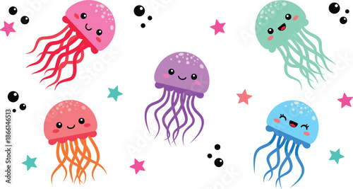 Cute jellyfish cartoon vector set with smiling colorful marine characters isolated on white background illustration