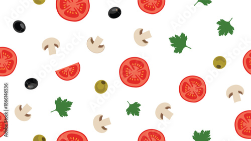 Culinary pattern features sliced tomatoes, whole mushrooms, black olives, and fresh parsley leaves ideal for restaurant menus and food blogs.