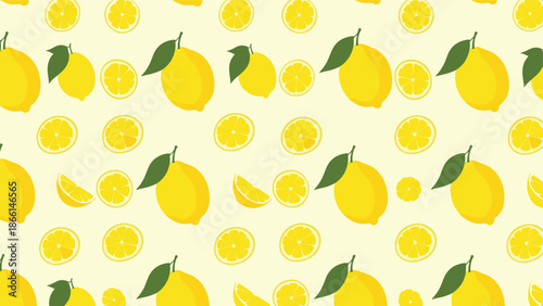 Refreshing lemon pattern shows whole citrus fruits, slices, and wedges with green leaves on a pale yellow background for a zesty summer look.