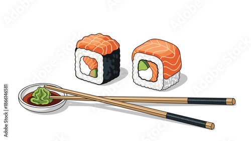Delicious salmon sushi rolls served with wasabi and soy sauce next to a pair of wooden chopsticks create a classic Japanese food illustration.