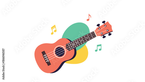Colorful ukulele illustration is surrounded by floating music notes and abstract shapes for a cheerful and musical themed graphic design.