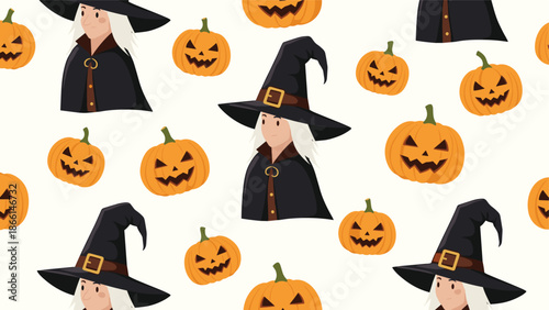 Halloween seamless pattern presents smiling witches in pointed hats and black cloaks standing amongst orange jack-o-lantern pumpkins on white base.