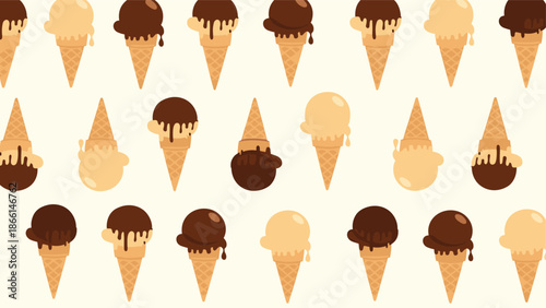 Delightful seamless pattern with chocolate and vanilla ice cream cones in an alternating arrangement on a light beige background.