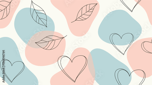 Soft aesthetic seamless pattern featuring outline hearts, leaves, and large pastel pink and blue abstract organic shapes.