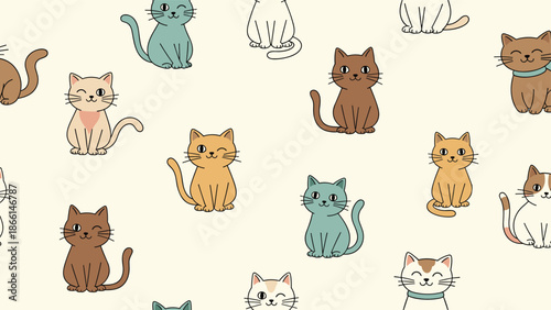 Seamless pattern featuring cute cartoon cats in different colors and expressions sitting on a light cream background.