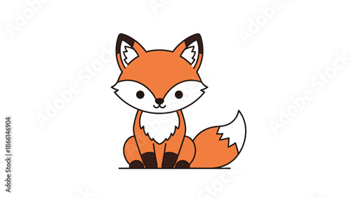 Adorable illustration of a sitting red fox with a fluffy white chest and tail tip on a plain white background.