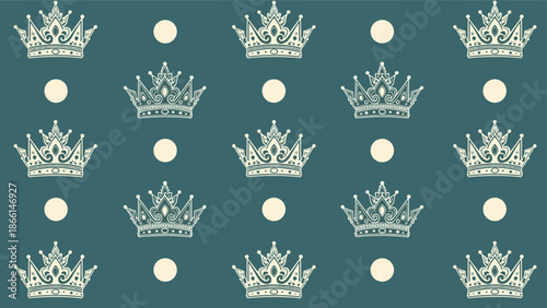 Royal seamless pattern featuring ornate light yellow crowns and small solid circles on a dark teal green background.