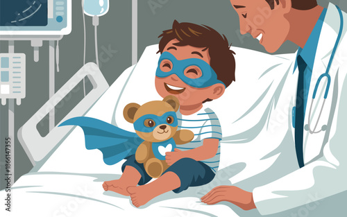 A young boy dressed as a superhero holds a teddy bear in a hospital bed
