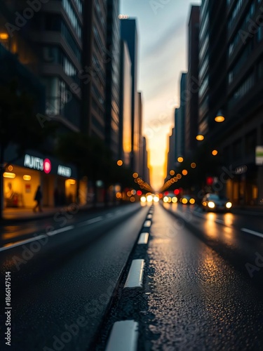 Urban geometry bathed in soft amber glow, a wet road's embrace leads to bokeh city lights,  atmospheric,  perspective