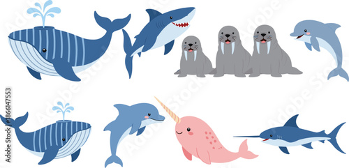 Cute marine animals cartoon vector set with whale shark dolphin seal narwhal isolated illustration