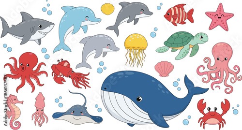 Cute marine animals cartoon vector set with whale dolphin fish octopus crab isolated on white background illustration
