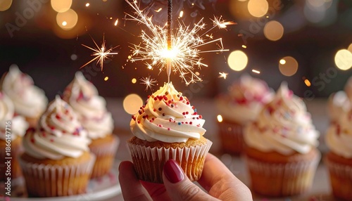Delicious pink birthday cupcakes decorated with sweet cream icing and sprinkles are a festive celebration dessert baked for a holiday party treat