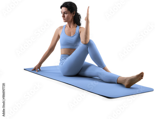 Mockup of blue floor mat, yoga tracksuit, top, leggings on trainer woman, png, side view