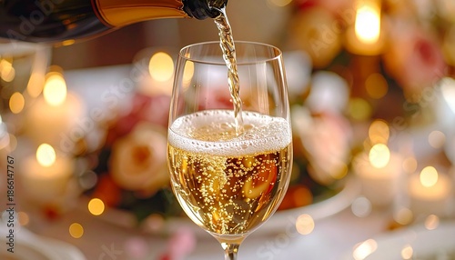 A glamorous fashion model in a red dress smiles while holding a glass of champagne at a New Year celebration party