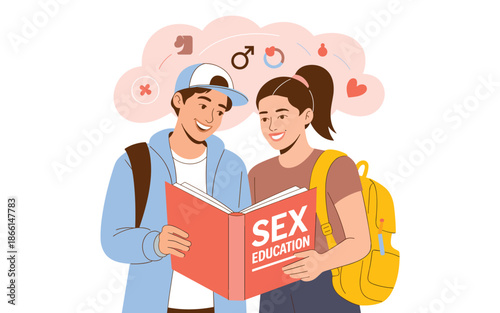 Young couple reading a book together about sex education with thought bubbles above their heads