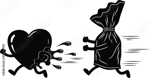 A black vector silhouette drawing of a woman, man, and cat showcases a cartoon art design centered on people and love for animals