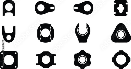 Set of twelve black silhouette icons representing industrial gaskets and mechanical hardware parts for engineering.