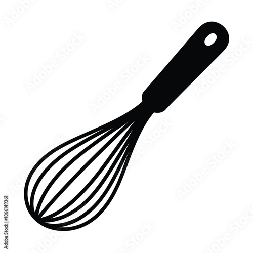 Black balloon whisk with handle on white background