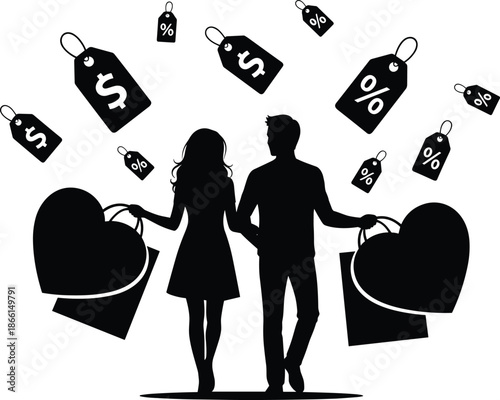 Vector illustration of a fashion woman walking with shopping bags featuring sale tags as a black silhouette body representing a person buying clothes in a beauty shop business