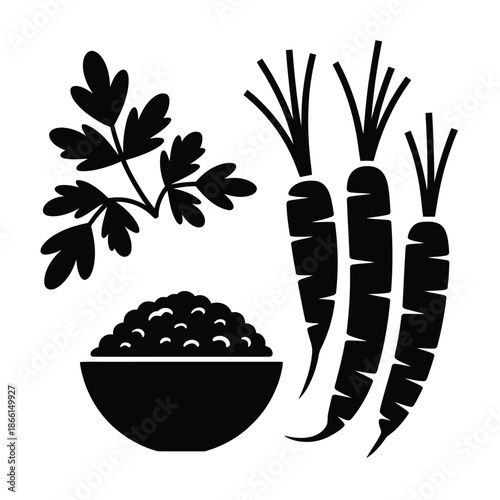 Black silhouette of carrots with greens and bowl of seeds