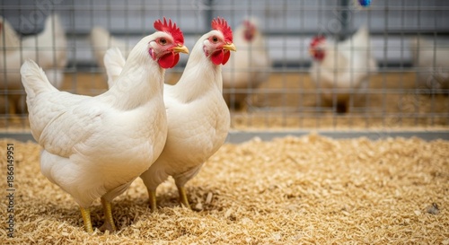 Two white chickens with prominent red crests standing on straw bedding in a farm enclosure