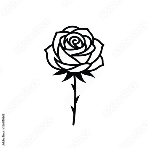 Simple black line drawing of a single classic rose flower