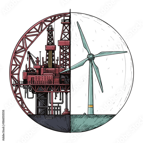 This striking visual juxtaposes an offshore oil rig with a wind turbine, symbolizing the critical global shift from fossil fuels to sustainable, green energy.