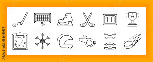 Hockey set icon. Stick, goal, skates, scoreboard, trophy, strategy board, snowflake, helmet, whistle, table game, and puck visuals related to ice sports and competitive gameplay.
