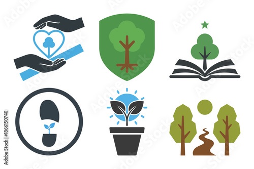 Icon set for reforestation, tree growth, and environmental care concepts.