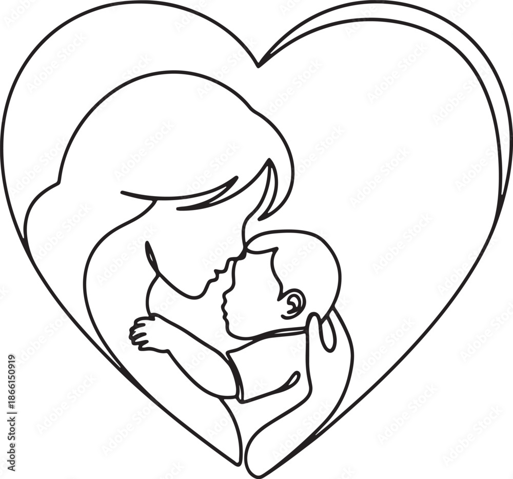 Fototapeta premium Mother and Baby Heart Illustration in Line Style for Maternal Love Care and Family Concept Design
