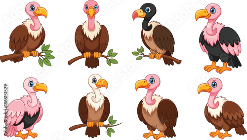 Cute vulture cartoon vector set with perched and standing poses colorful scavenger bird characters