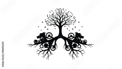 Tree with bicycle wheels integrated into roots, symbolizing nature and cycling connection