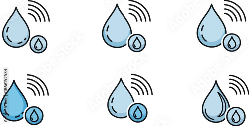 Water Drop Icon Set with Signal Waves Showing Smart Water Sensor and Monitoring Concept