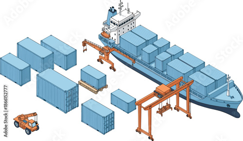 Isometric, cargo, ship, port, illustration, shipping, containers, cranes, logistics, freight, harbor, import, export, supply, chain, transportation, maritime, industry, vector, concept